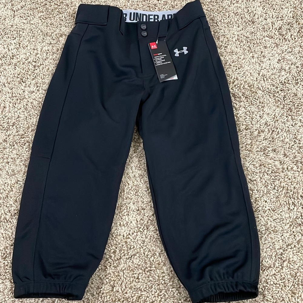 New! Under Armour Soft Ball Pants Black Button/Zip Elastic Waist with Belt Loops